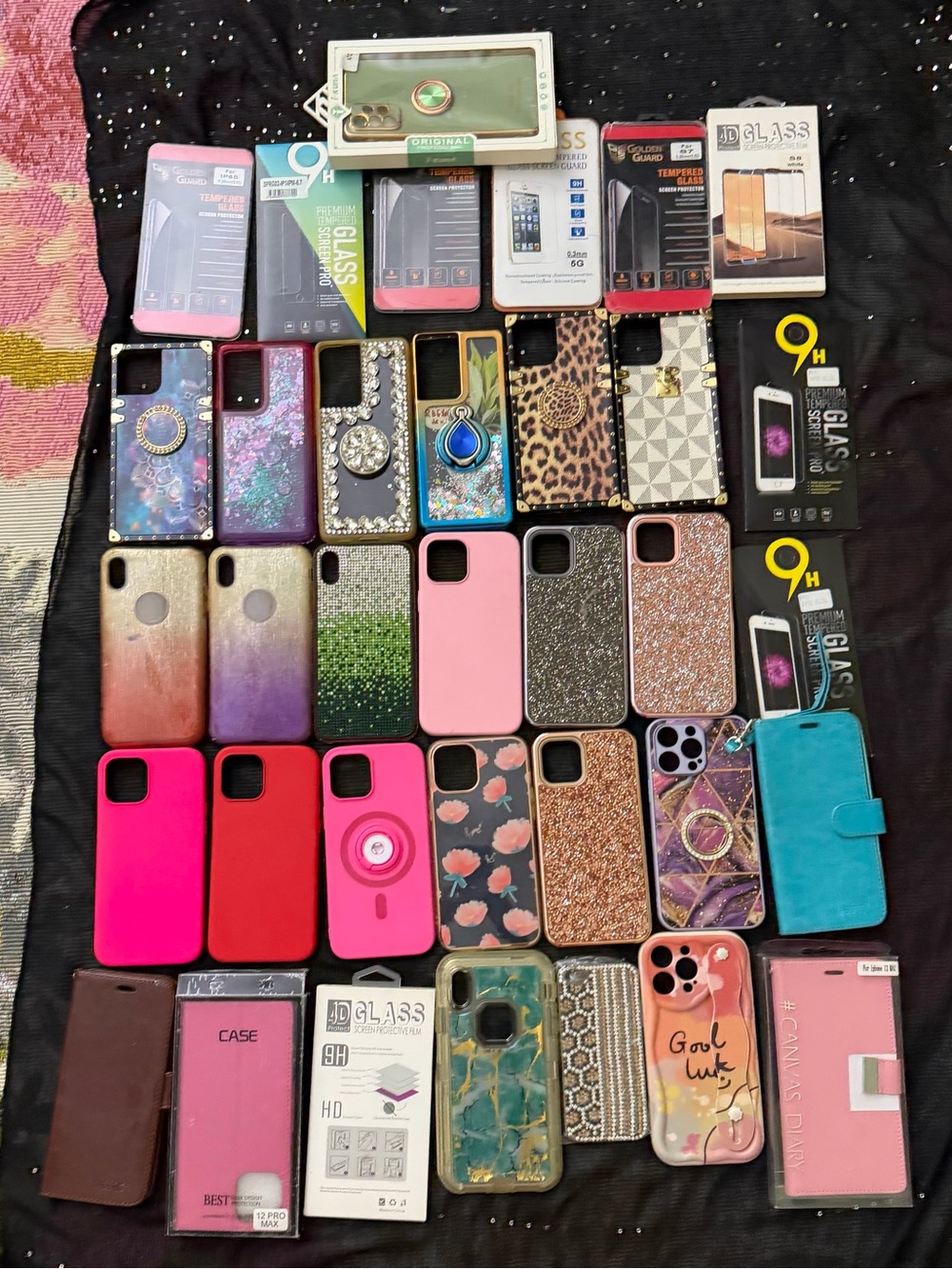 Assorted Phone Cases Collection - Pink, Gold, Black, Teal, Leopard & More